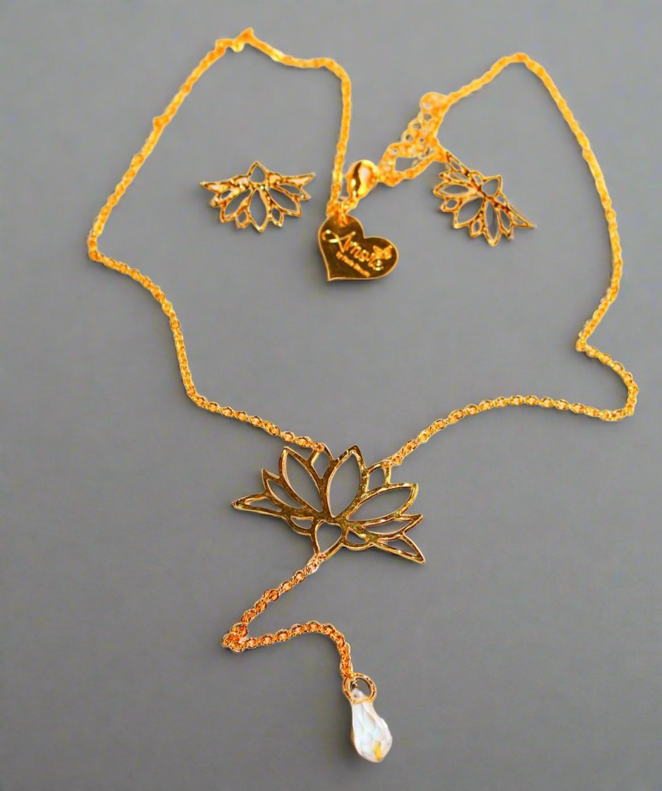 lotus flower set Handmade rings chain brass 24kgoldplated