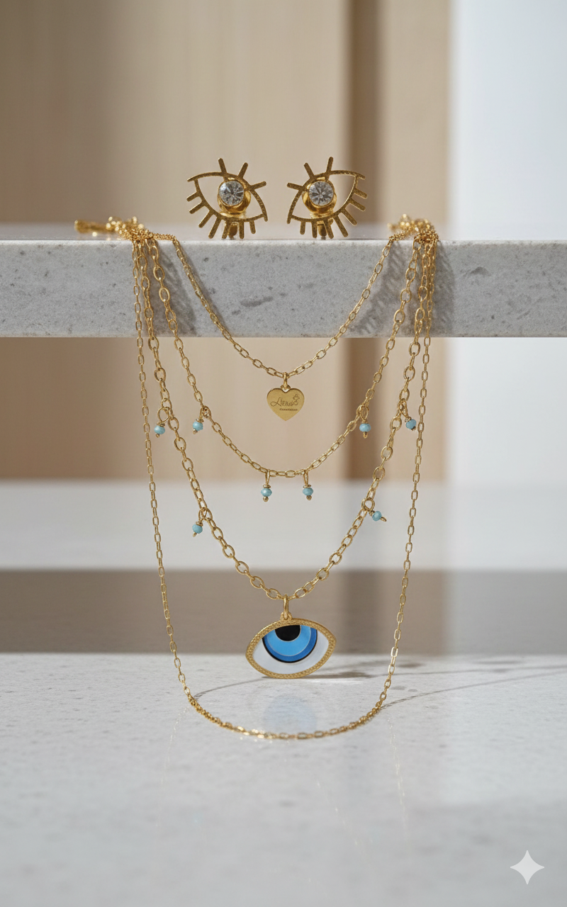 EYE BLUE SET DOUBLE CHAIN AND STUDS