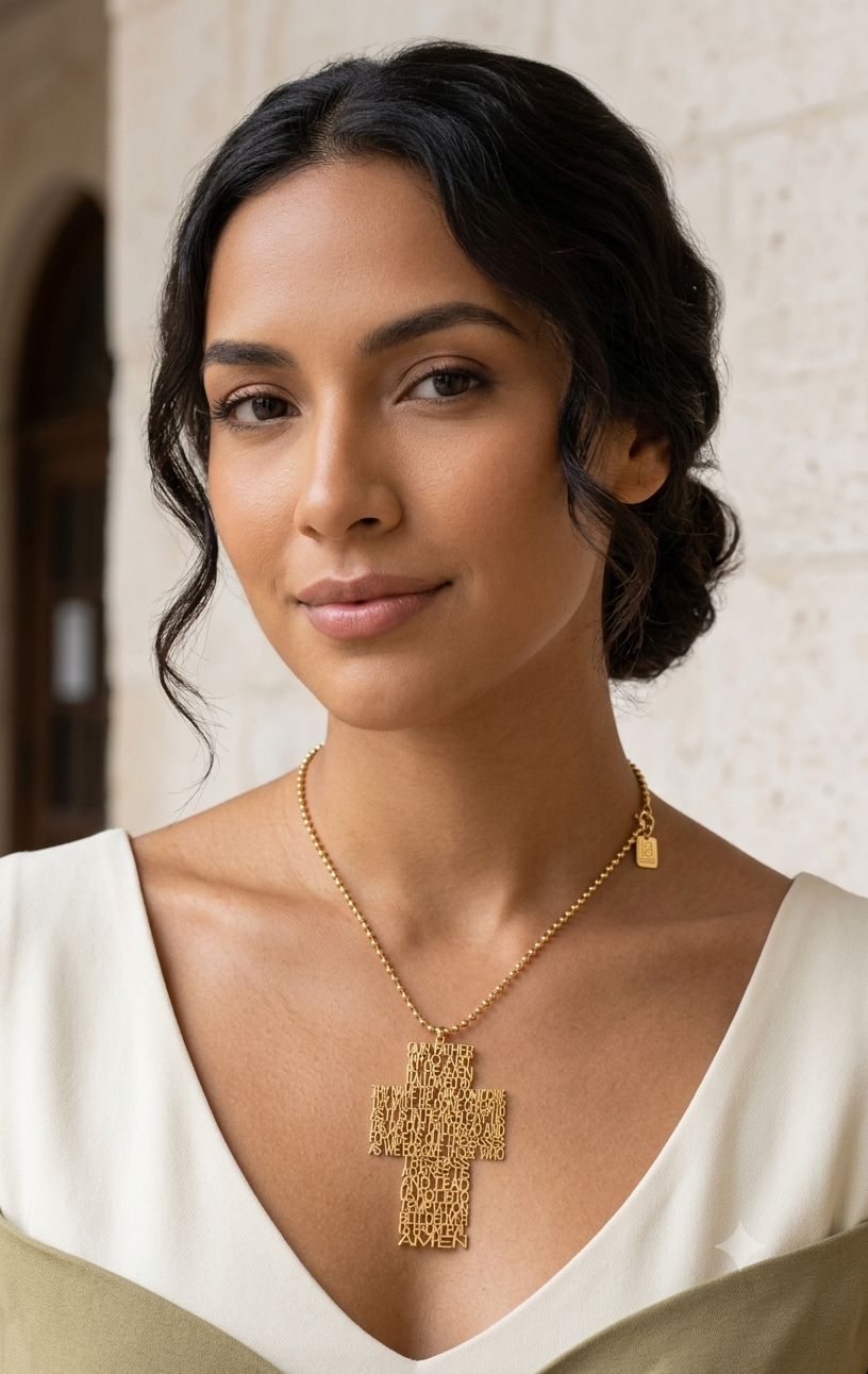 OUR FATHER PRAYER CROSS GOLD NECKLACE