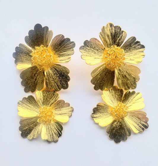 DOUBLE FLOWERS GOLD EARRINGS