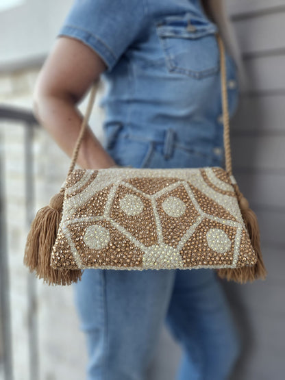 CLUTCH WAYU BEADED BEIGE AND BROWN