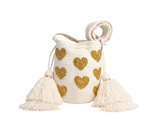 WAYU WHITE BAG GOLD HEARTS