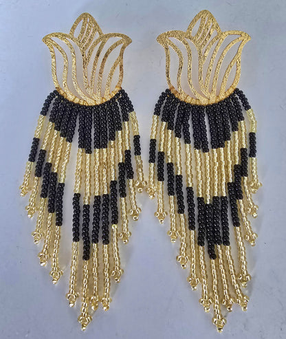 LOTUS BEADED BLACK AND GOLD EARRINGS