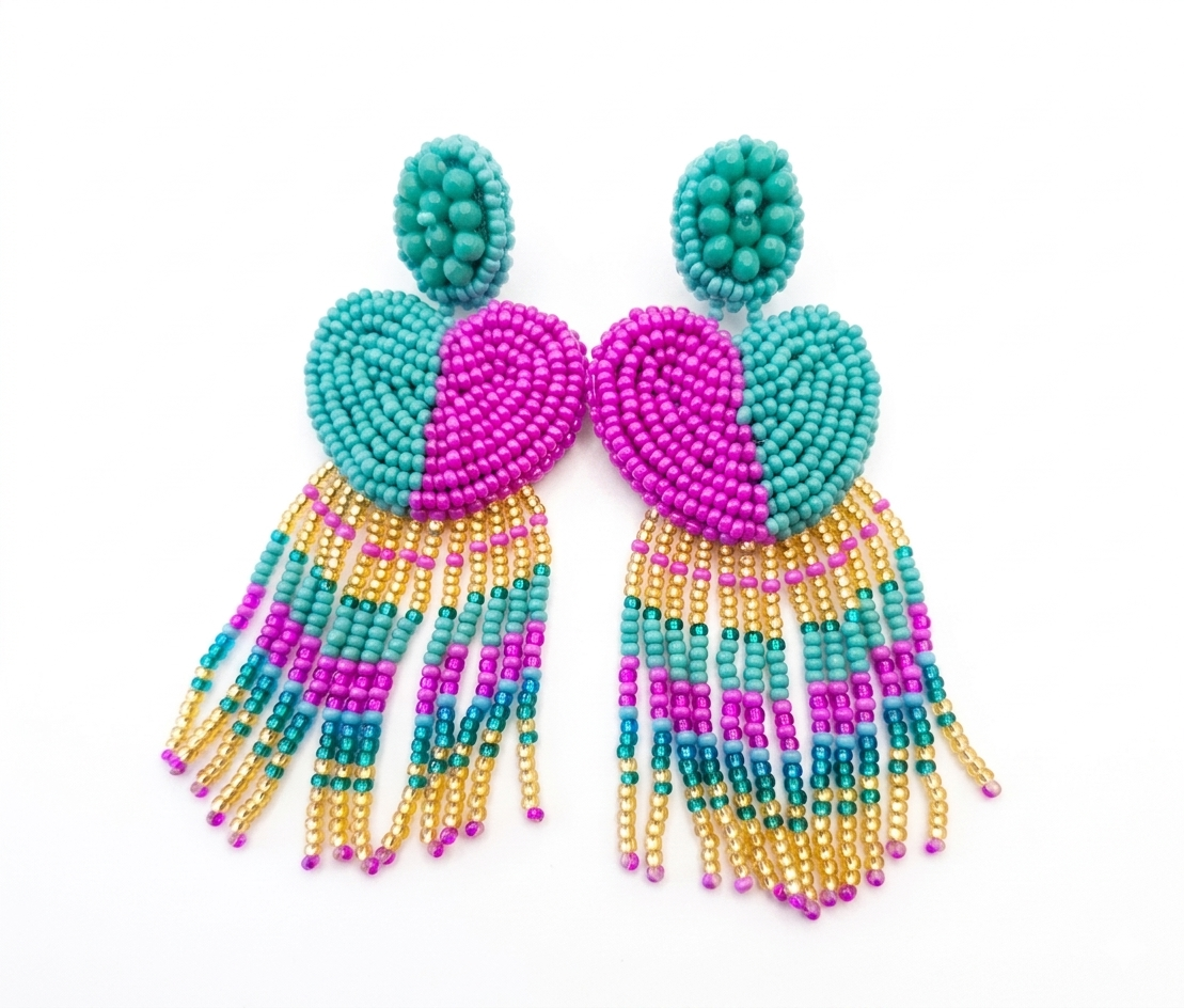 BOHO TEAL HEARTS BEADED EARRINGS