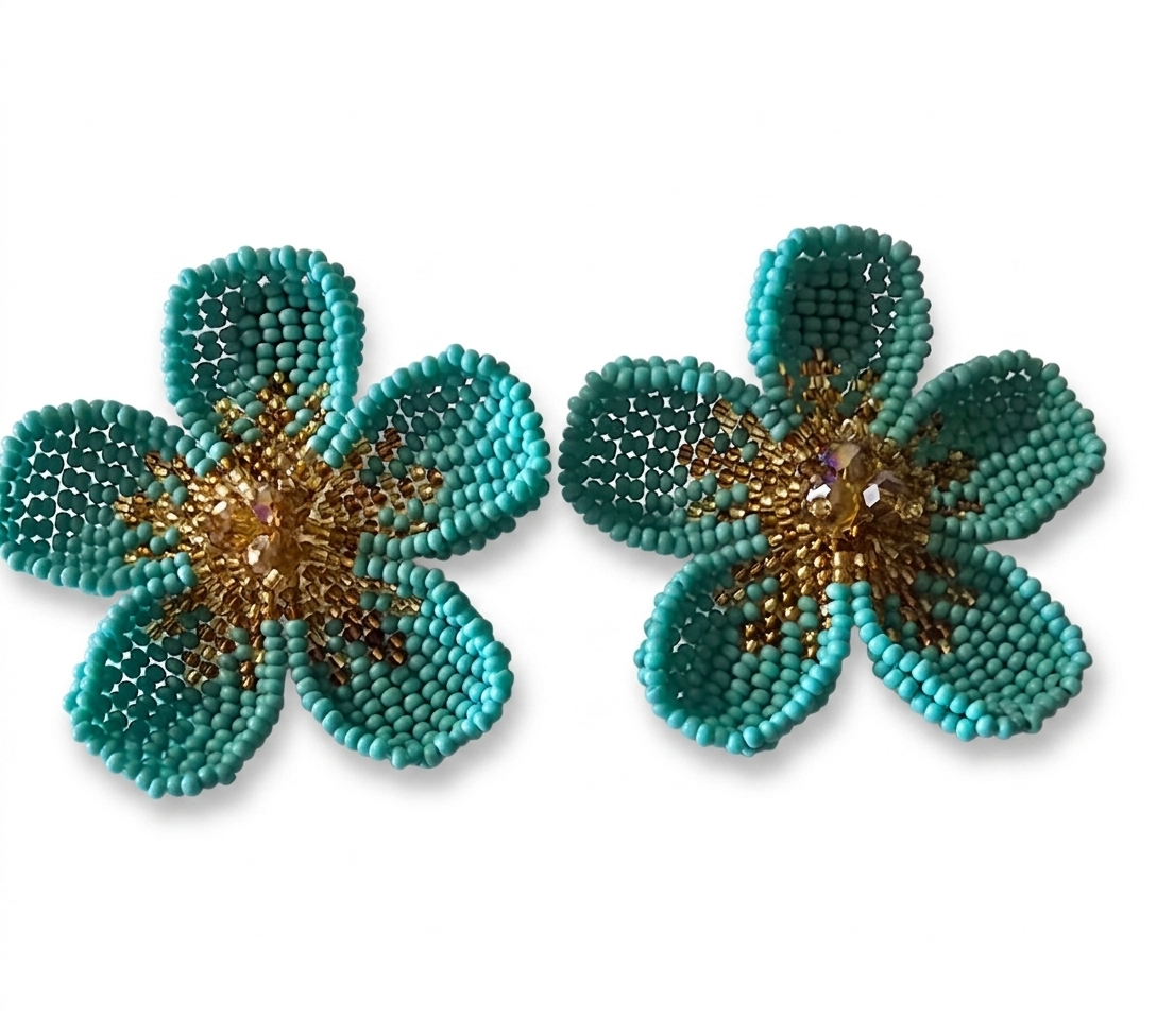 TURQUOISE BEADED FLOWERS EARRINGS