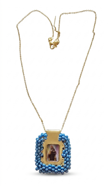 SACRED HEART BLUE  & VIRGIN DOUBLE FACE NECKLACE BEADED