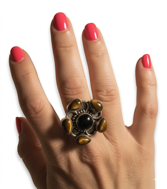 I AM POWERFUL RING TIGER EYE AND ONIX