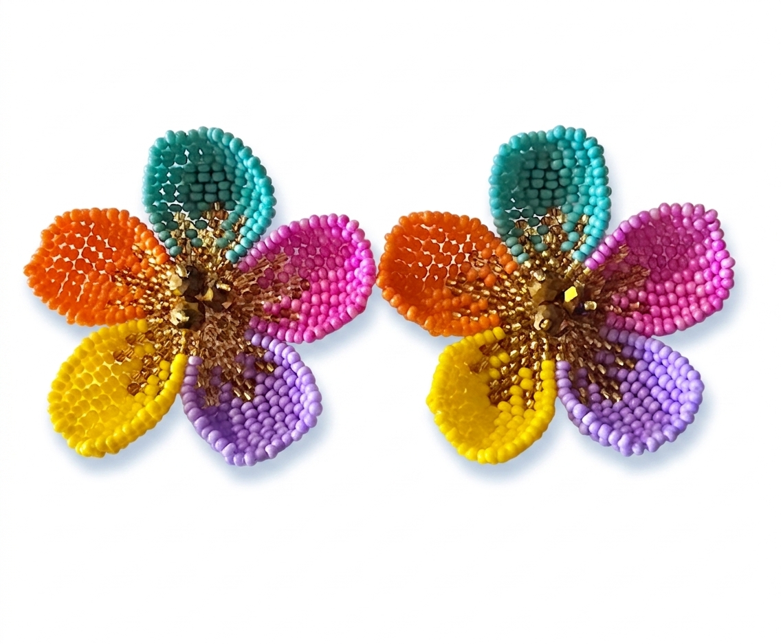 PURPLE YELLOW BEADED FLOWERS EARRINGS
