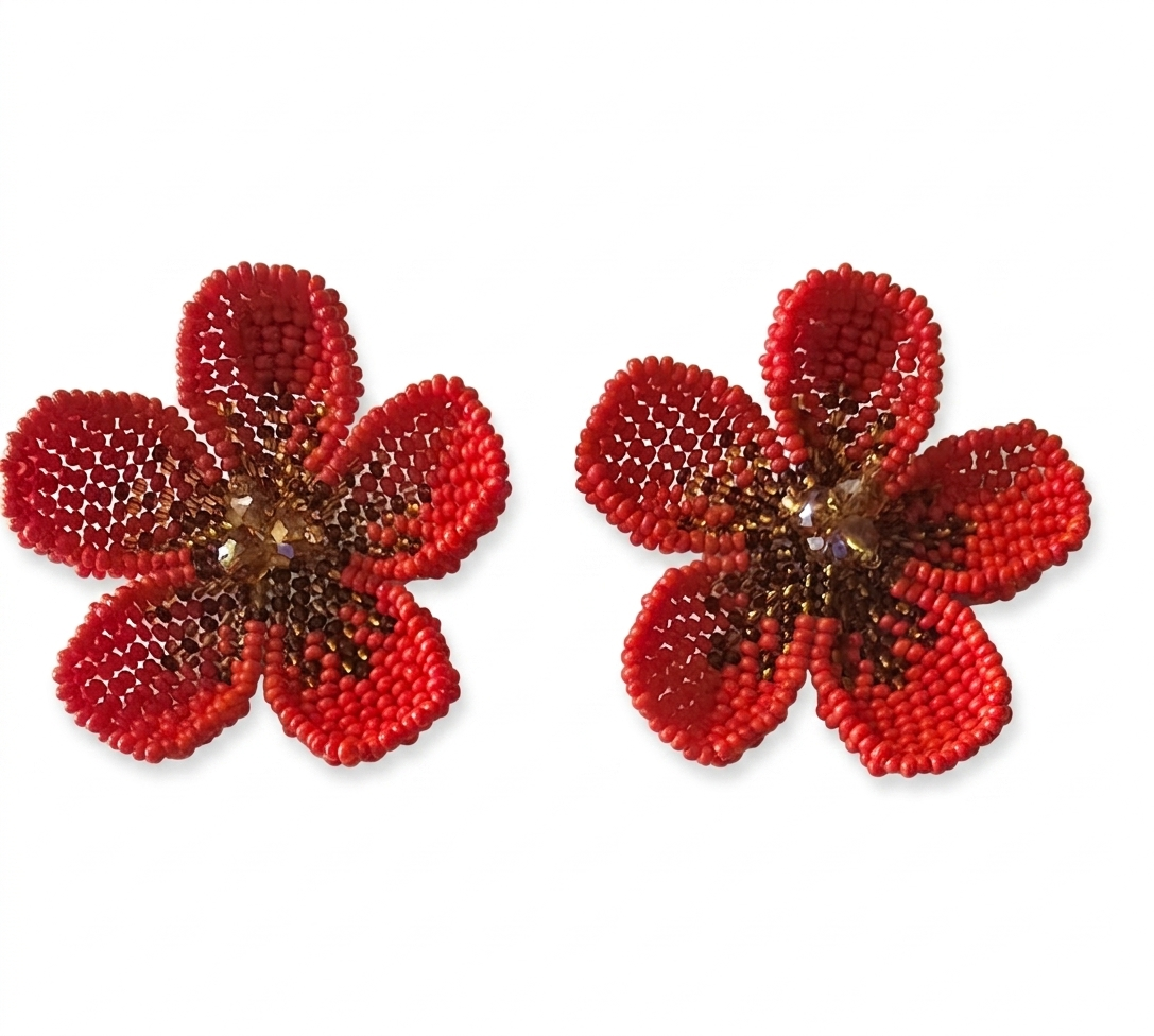 RED FLOWERS BEADED EARRINGS