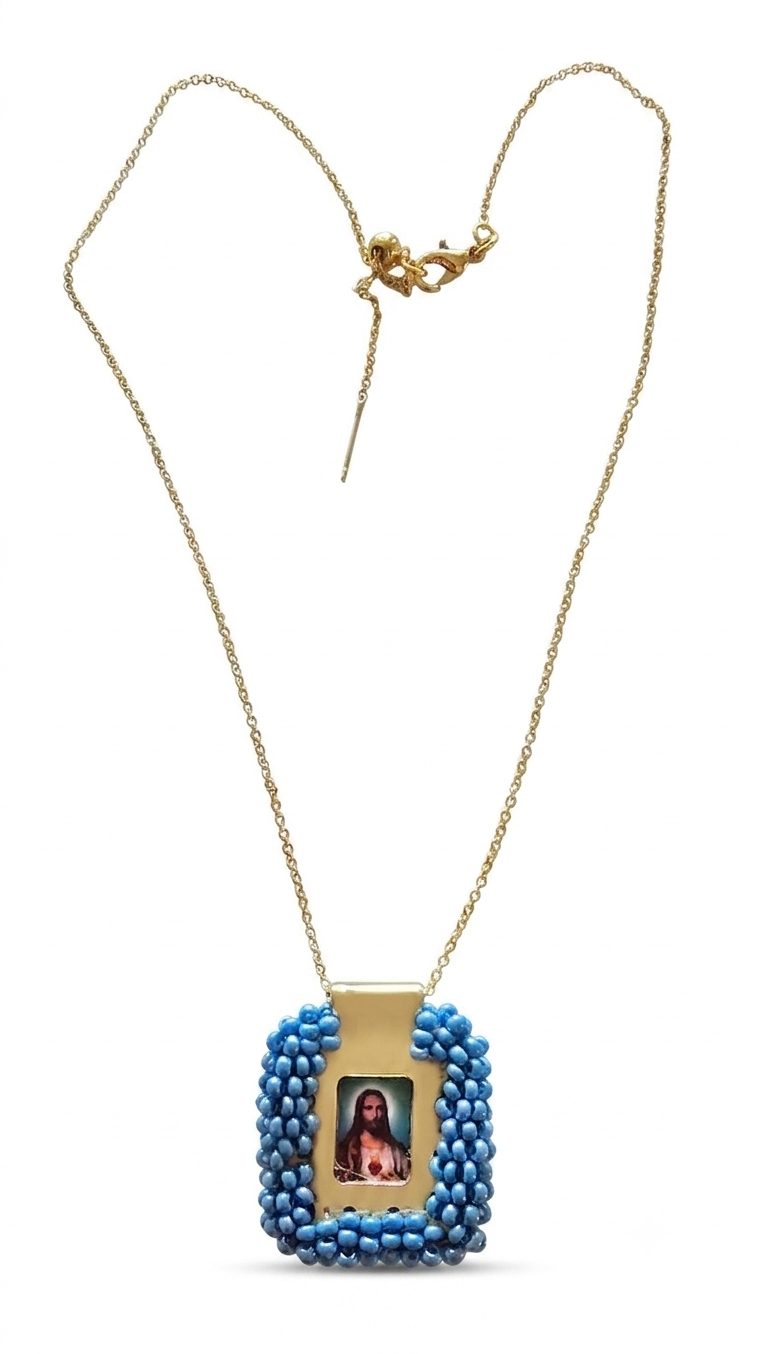 SACRED HEART BLUE  & VIRGIN DOUBLE FACE NECKLACE BEADED