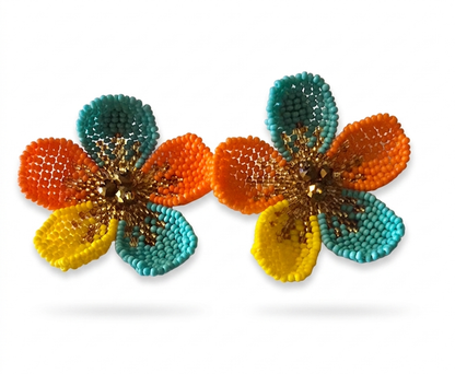 ORANGE & YELLOW BEADED FLOWERS EARRINGS
