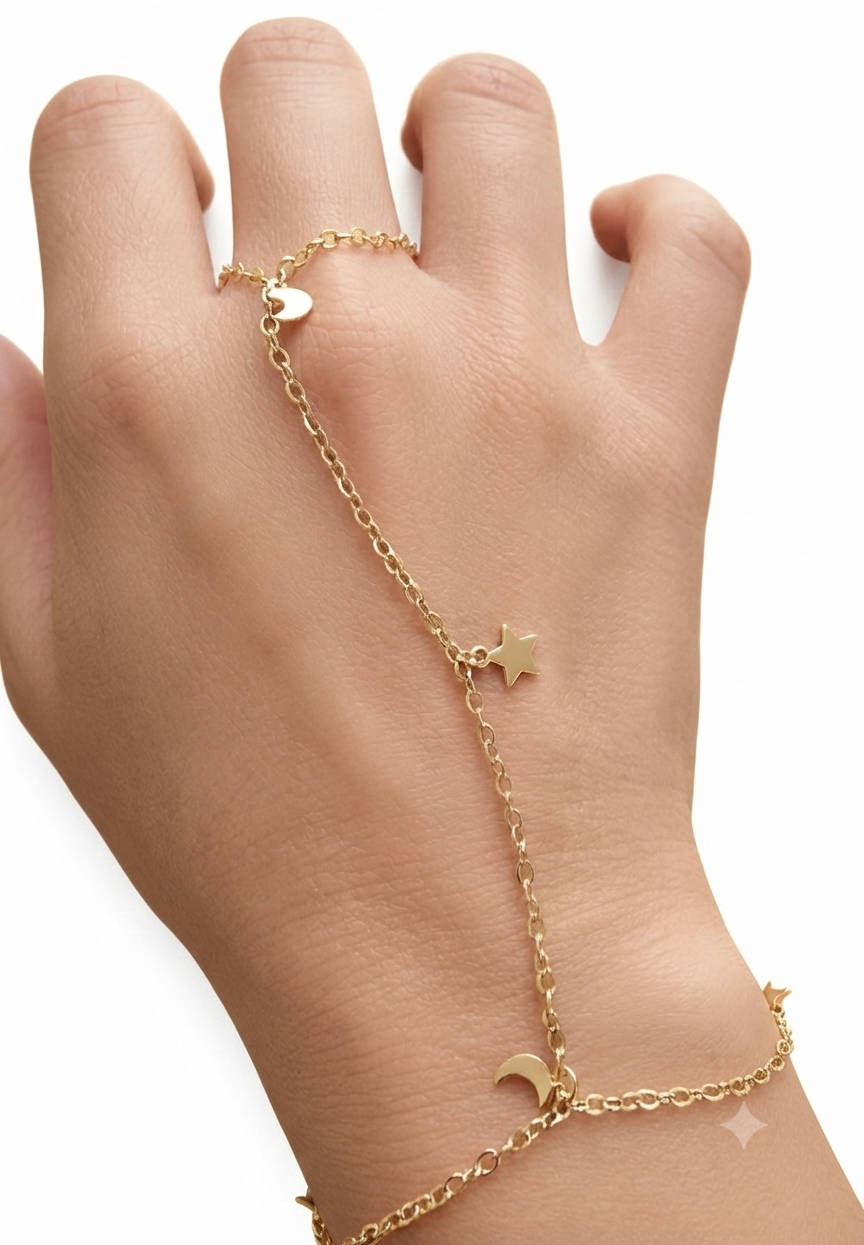 GOLD HAND CHAIN STARS AND MOON BRACELET