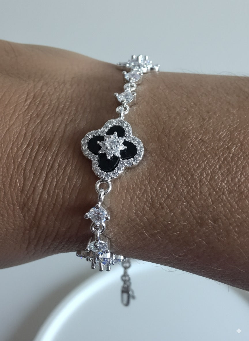 SILVER AND BLACK CLOVER BRACELET