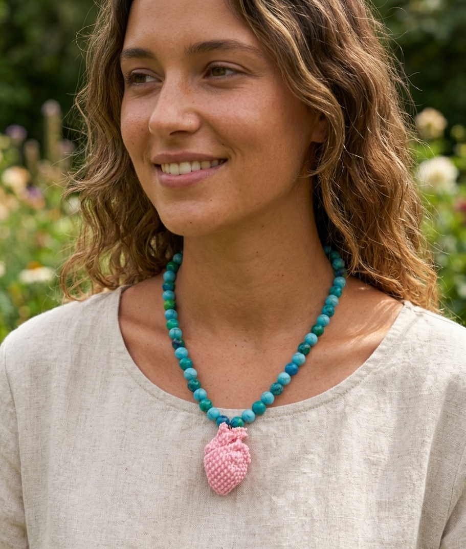FULL HEART TURQUOISE AND PINK  NECKLACE