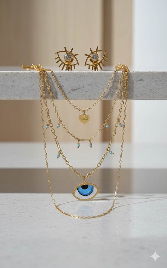 EYE BLUE SET DOUBLE CHAIN AND STUDS