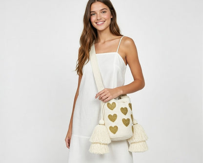 WAYU WHITE BAG GOLD HEARTS