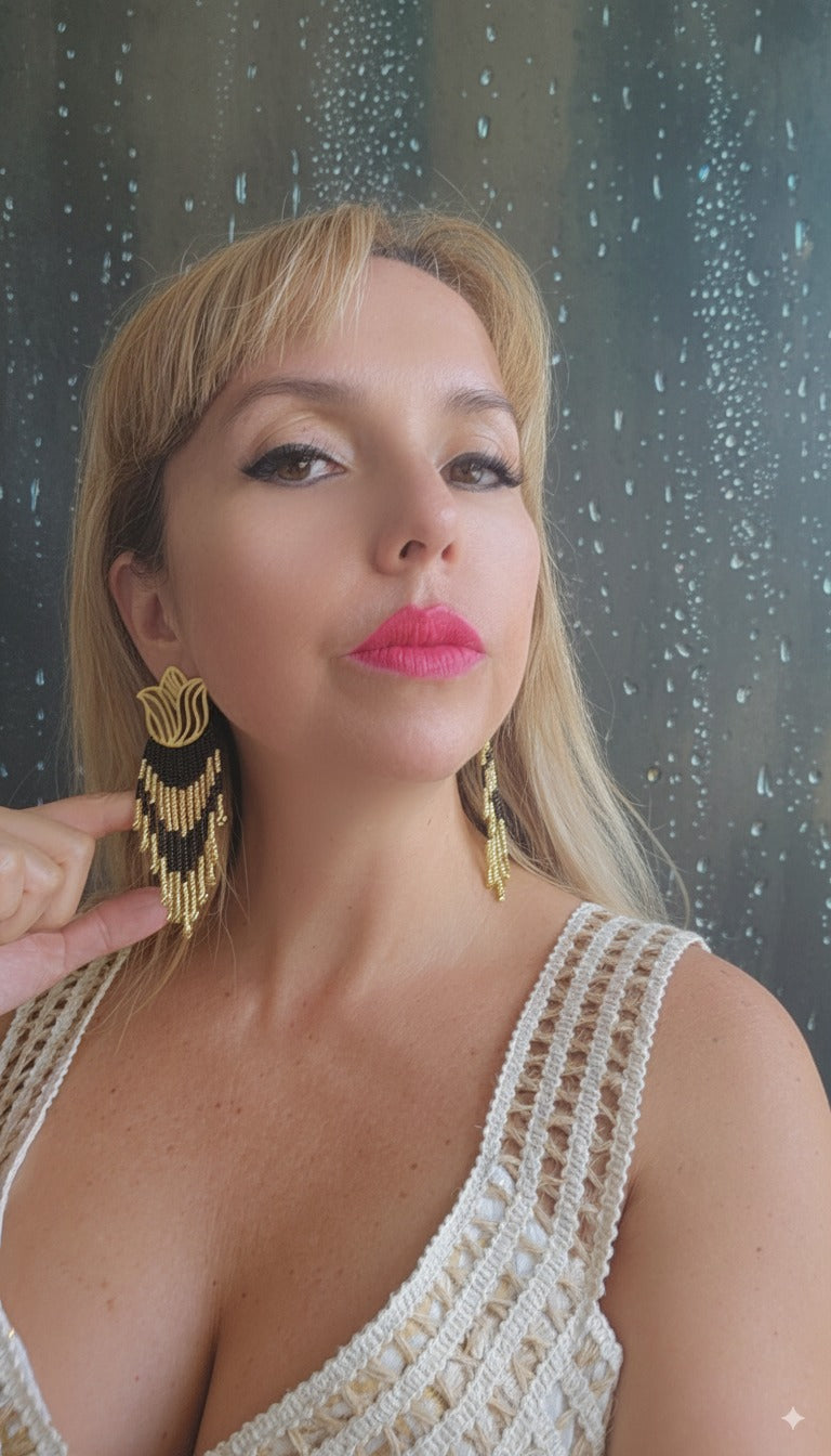 LOTUS BEADED BLACK AND GOLD EARRINGS