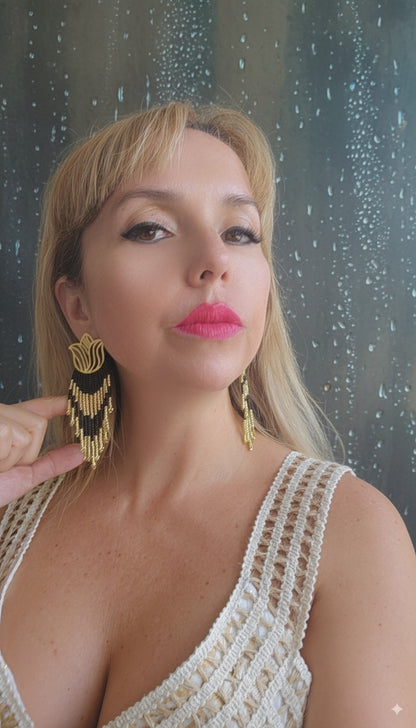 LOTUS BEADED BLACK AND GOLD EARRINGS