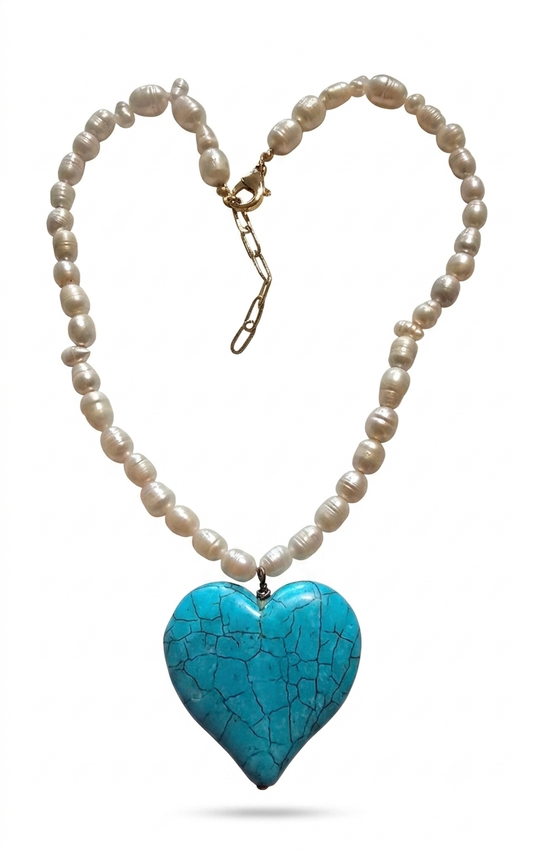 TURQUOISE HEART FRESH WATER PEARLS NECKLACE