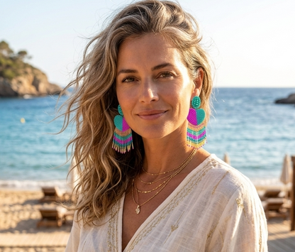 BOHO TEAL HEARTS BEADED EARRINGS