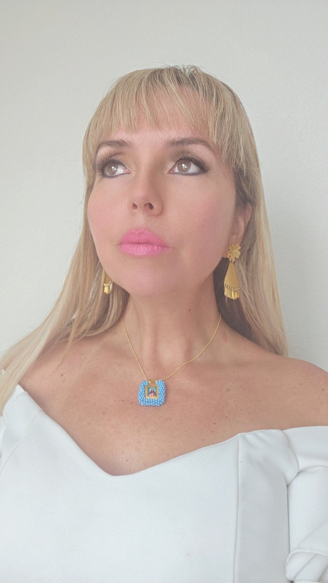 SACRED HEART BLUE  & VIRGIN DOUBLE FACE NECKLACE BEADED