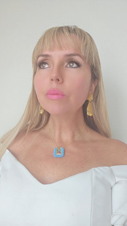 SACRED HEART BLUE  & VIRGIN DOUBLE FACE NECKLACE BEADED